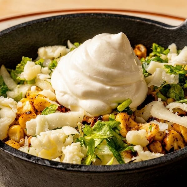 Elote corn salad with cotija cheese, cilantro, and a dollop of crema in a cast iron dish.