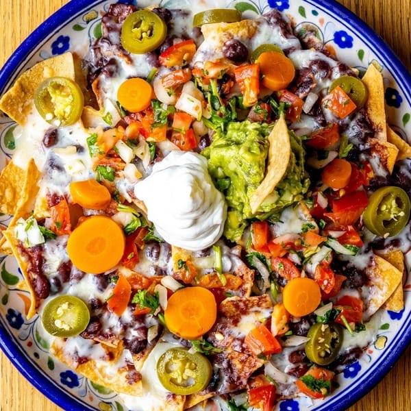 Colorful nachos with black beans, cheese, pico de gallo, jalapeños, carrots, guacamole, and sour cream.
