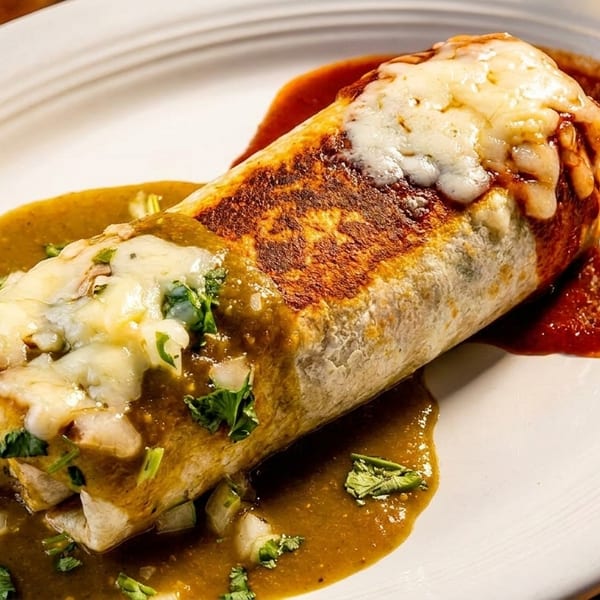 A large, cheesy burrito covered in green and red sauces on a white plate.