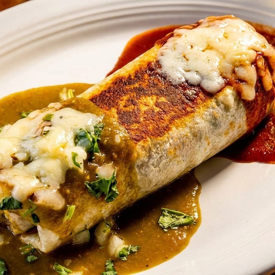 A large, cheesy burrito covered in green and red sauces on a white plate.