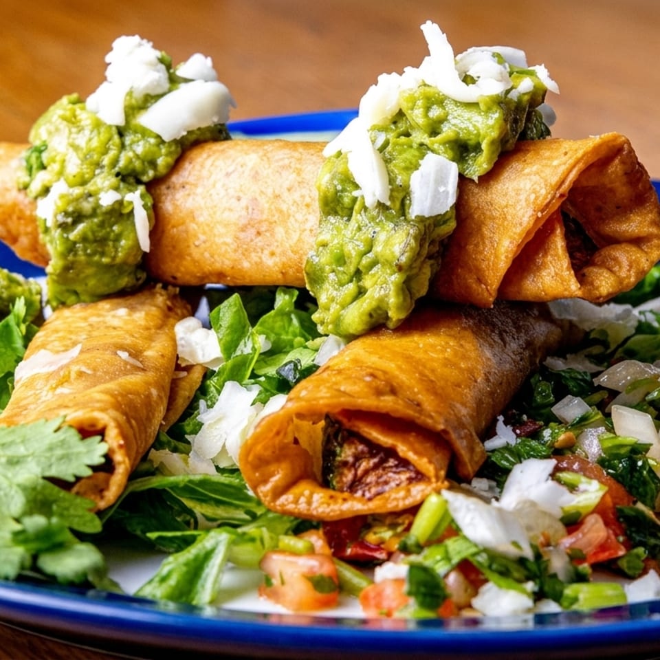 Crispy taquitos topped with guacamole, crumbled cheese, and fresh cilantro on a blue plate.