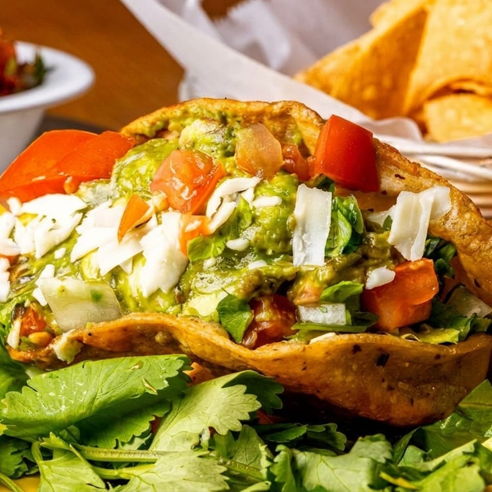 Crispy taco filled with guacamole, tomatoes, cheese, and cilantro, with salsa and chips in background.