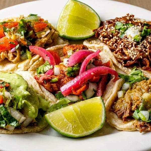 A white plate holds five colorful tacos with various fillings and two lime wedges.