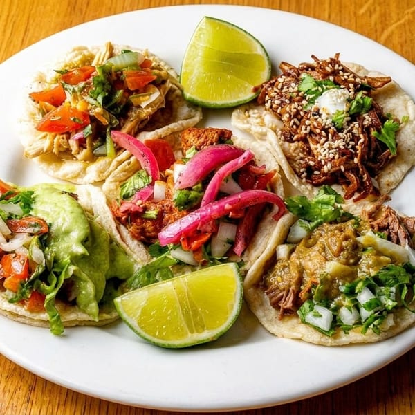 A white plate holds five colorful tacos with various fillings and two lime wedges on a wooden table.